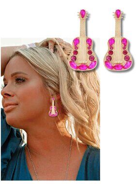 Hot Pink Fuchsia Rhinestone Gold Dipped Guitar Girl Earrings Jewelry NEW